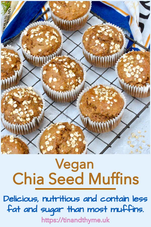 Vegan chia seed muffins cooling on a rack.