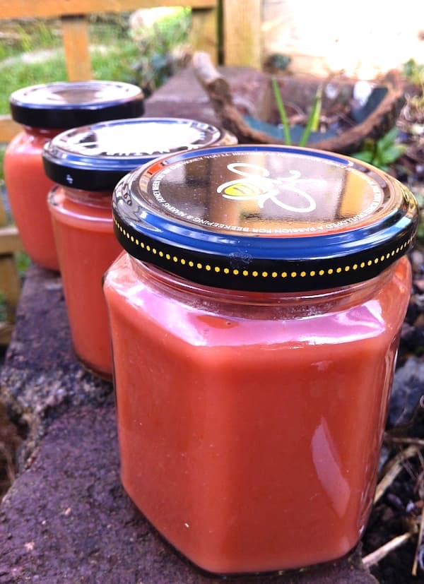 Three jars of dark pink blood orange curd.