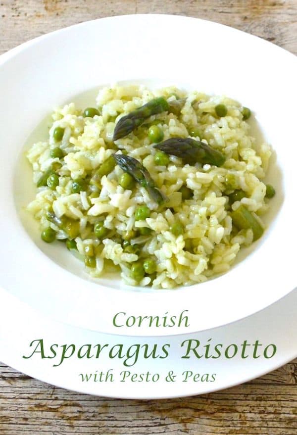 A bowl of Cornish Asparagus Risotto with Wild Garlic Pesto and Peas.