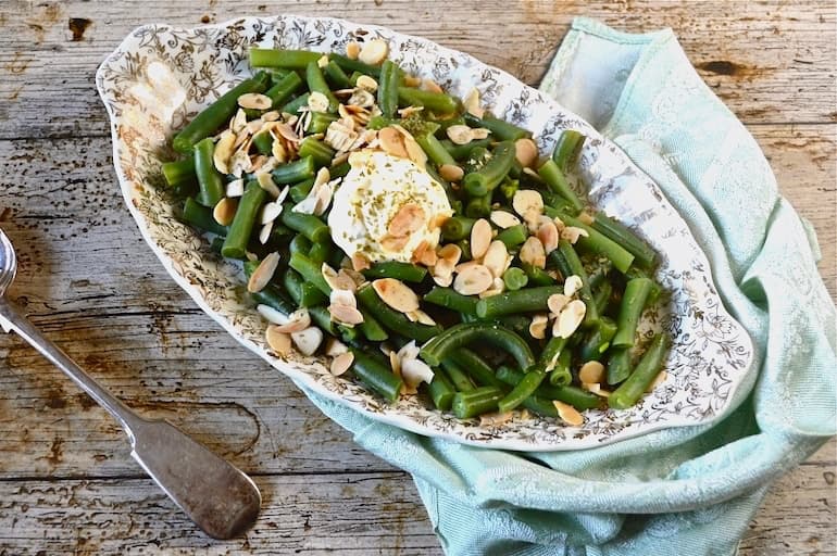 Green Beans on a serving plate with Almonds & Crème Fraîche.
