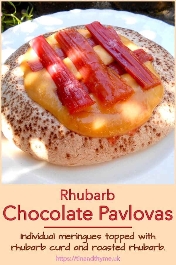 Rhubarb Chocolate Pavlova with chocolate meringue, rhubarb and elderflower curd and roasted rhubarb batons.