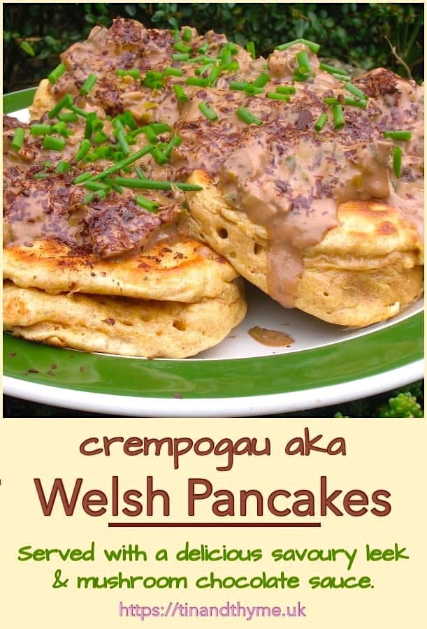 A plate of Welsh Pancakes aka Crempogau, covered with leek & mushroom chocolate sauce.