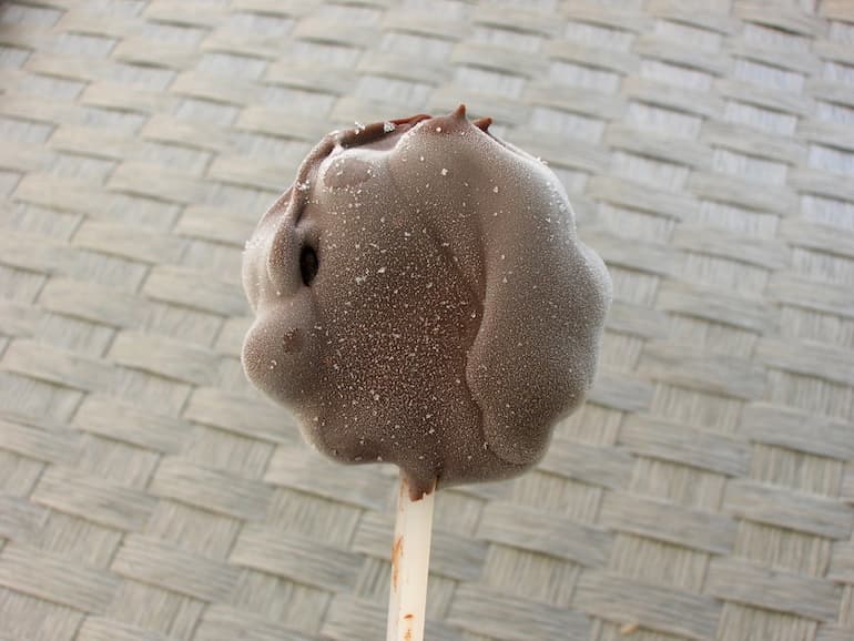 A mini chocolate covered chocolate ice pop.