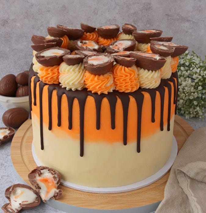 Creme egg drip cake with lots of creme eggs.