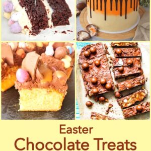 Four images of homemade Easter Chocolate Treats, plus text reading "No excuse needed for some indulgent chocolate baking. It's Easter".