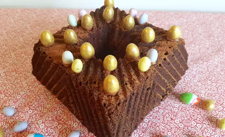 Square chocolate Easter bundt cake.