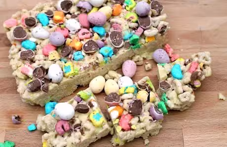 White chocolate unicorn Easter tiffin. Partially sliced.