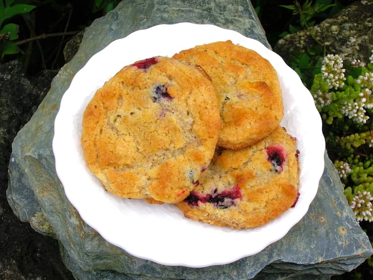 Three blackcurrant cookies on a white plate.