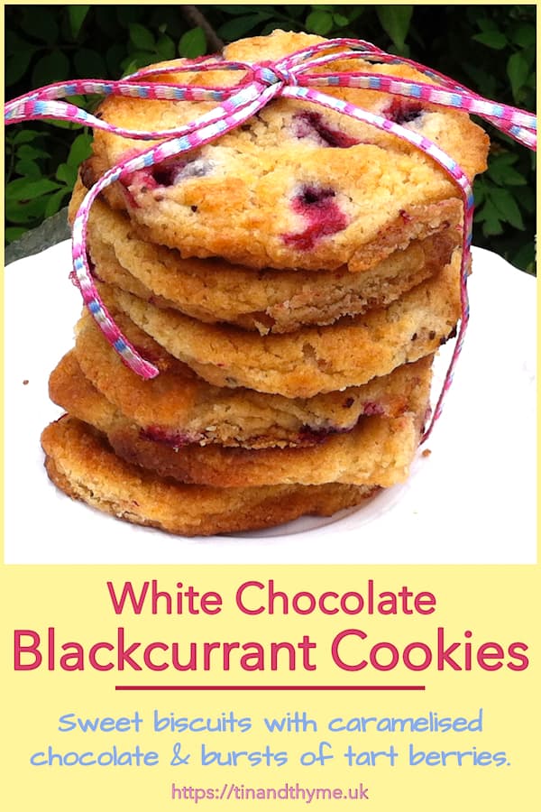 A stack of blackcurrant and white chocolate cookies tied up with ribbon.