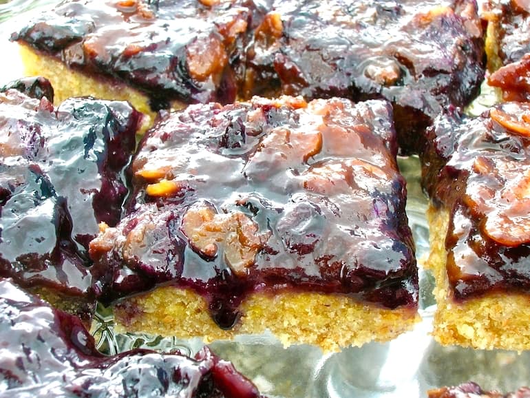 Yellow and purple blueberry shortbread bars.