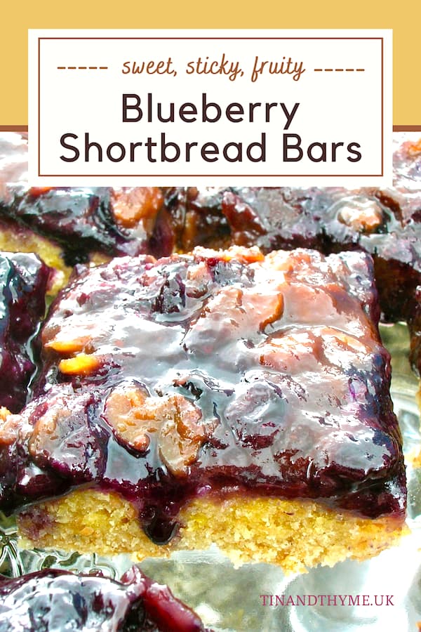 Blueberry shortbread bars with a banner reading :sweet, sticky, fruity blueberry shortbread bars:.