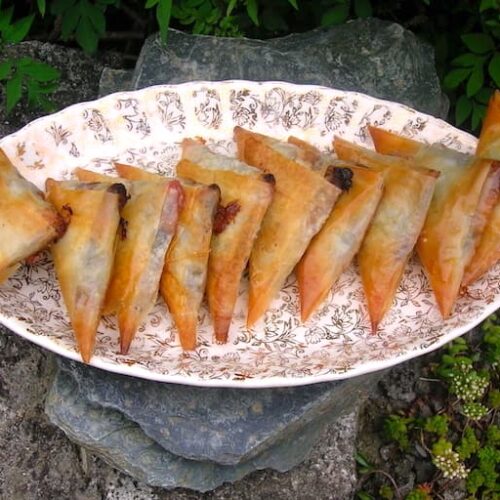 Spinach Filo Pastries with Goat's Cheese and Chocolate Tin and Thyme