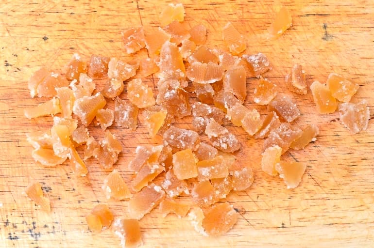 Crystallised ginger, chopped into small pieces.