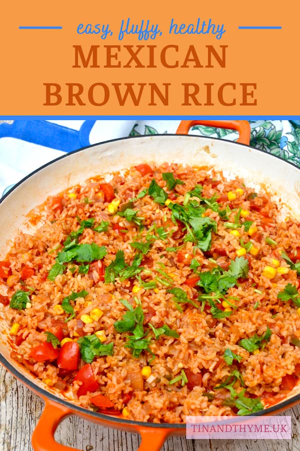 A pan of Mexican brown rice with coriander scattered over the top. Script reads "easy, fluffy, healthy Mexican brown rice".