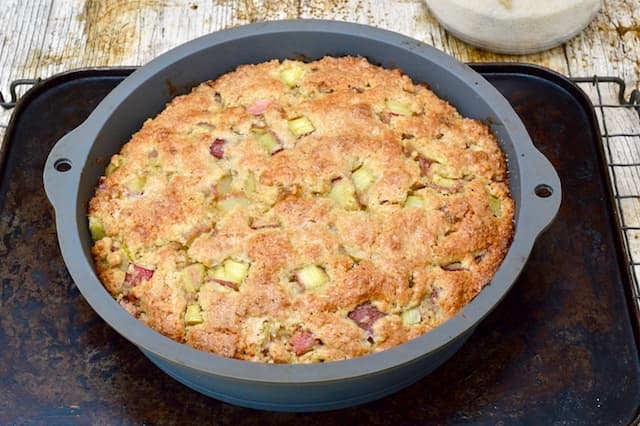 Remarkable rhubarb cake just out of the oven.