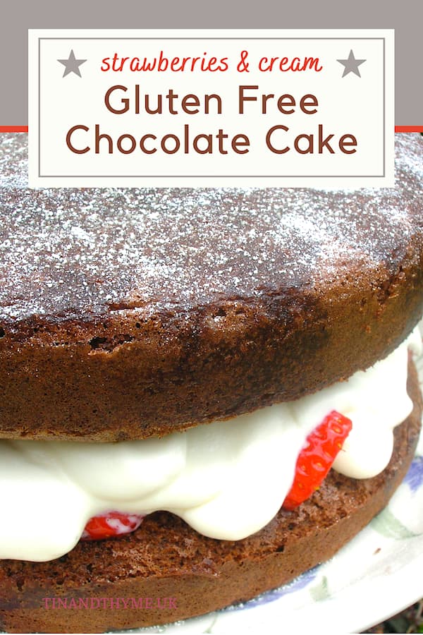 Chocadoodledoo cake with mint strawberry cream. Text box reads "strawberries & cream gluten free chocolate cake".