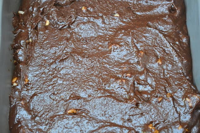 Raw chocolate brownie batter about to go into the oven.