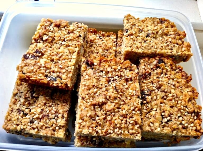 A tub of fig, almond and honey flapjacks.