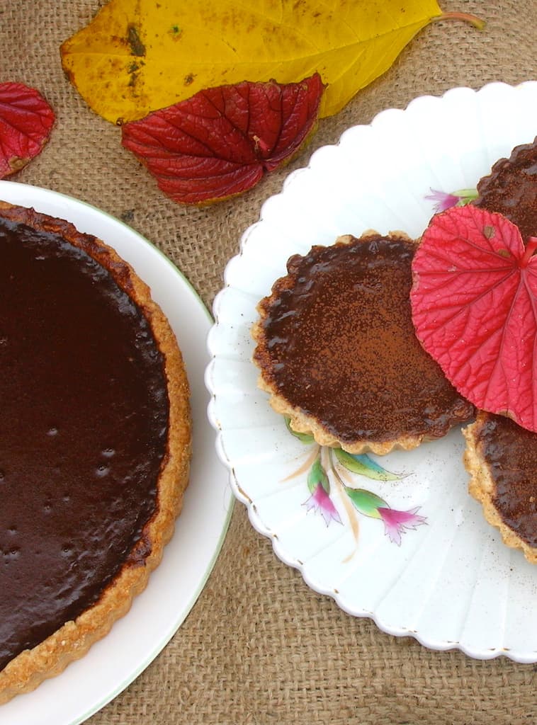 A glimpse of a rich chocolate tart with some mini tarts on a plate alongside with autumnal leaves.