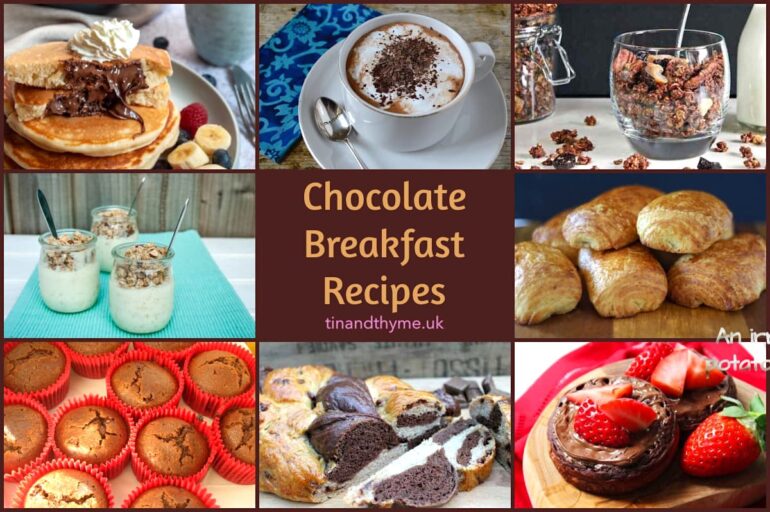A collage of several chocolate breakfast recipes.