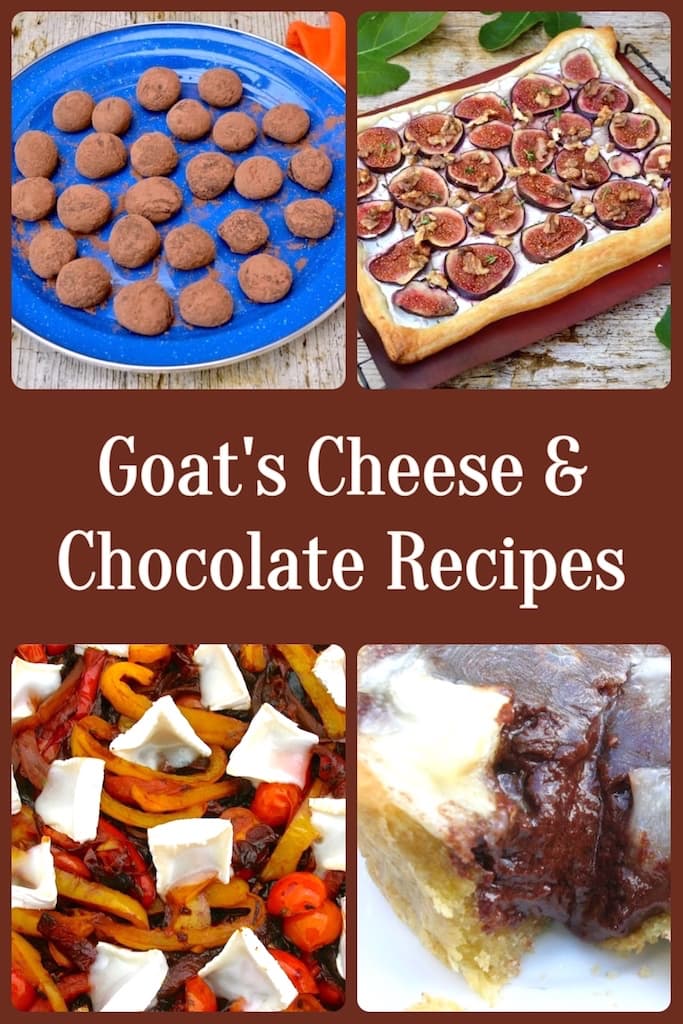 A collage of four goat's cheese and chocolate recipes.