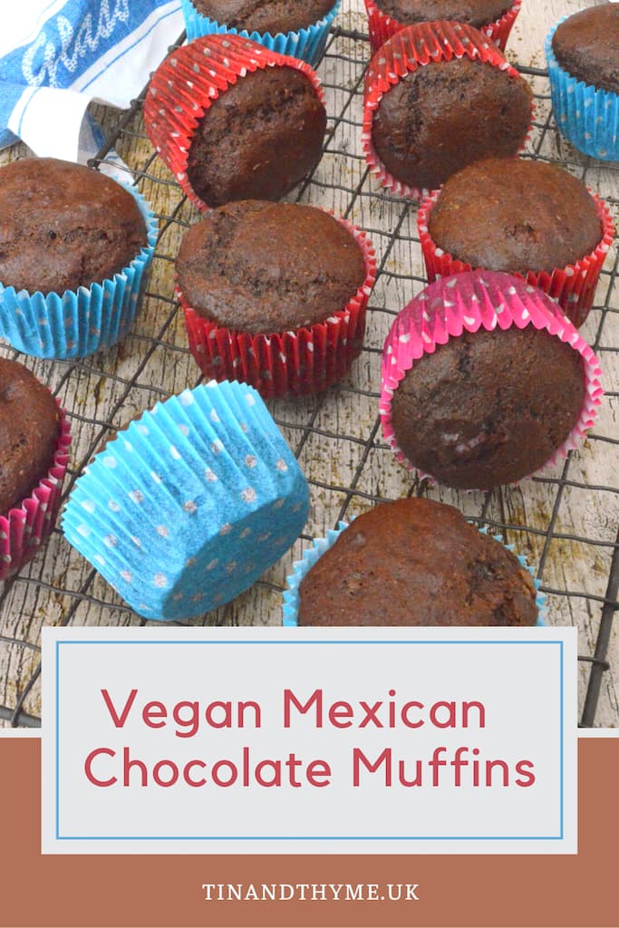 A batch of chilli chocolate muffins turned out onto a wire rack. Text box reads " Vegan Mexican Chocolate Muffins".