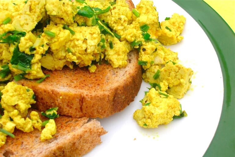 Tofu scramble on toast (vegan scrambled eggs).