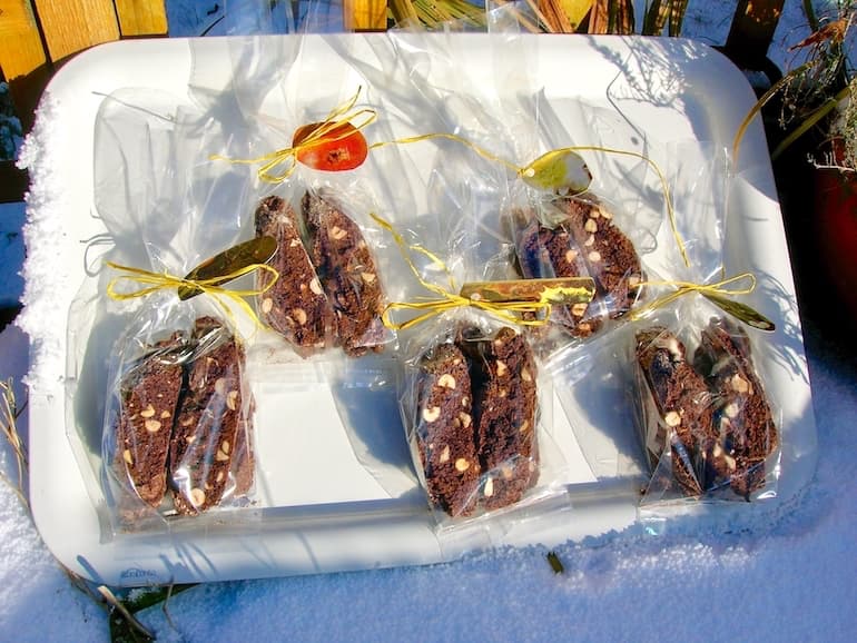 Festive see through bags of chocolate hazelnut biscotti.
