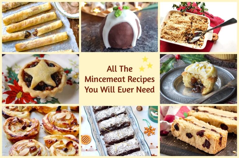 A collage of eight recipes using mincemeat. Text box reads "All the mincemeat recipes you will ever need".