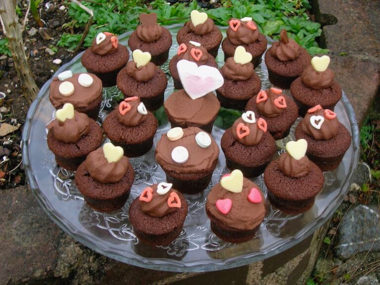 Chocolate Valentine's cakes with whipped chocolate ganache and edible hearts.