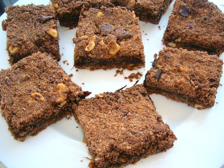 A plate of chocolate date and hazelnut bars.