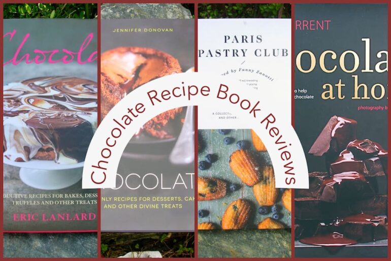 Four cookbook covers for a post on chocolate recipe book reviews.
