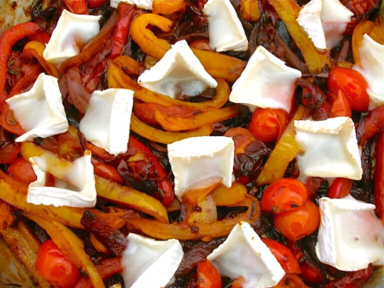 Close up of colourful chocolate shakshuka made with goat's cheese rather than eggs.