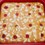 Raspberry Rose White Chocolate Traybake just out of the oven.