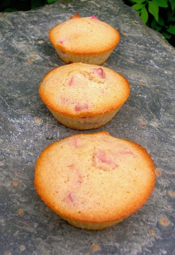 Three white chocolate rhubarb friands (little cakes) in a row sitting on a slate. Part of a six course chocolate themed dinner party.