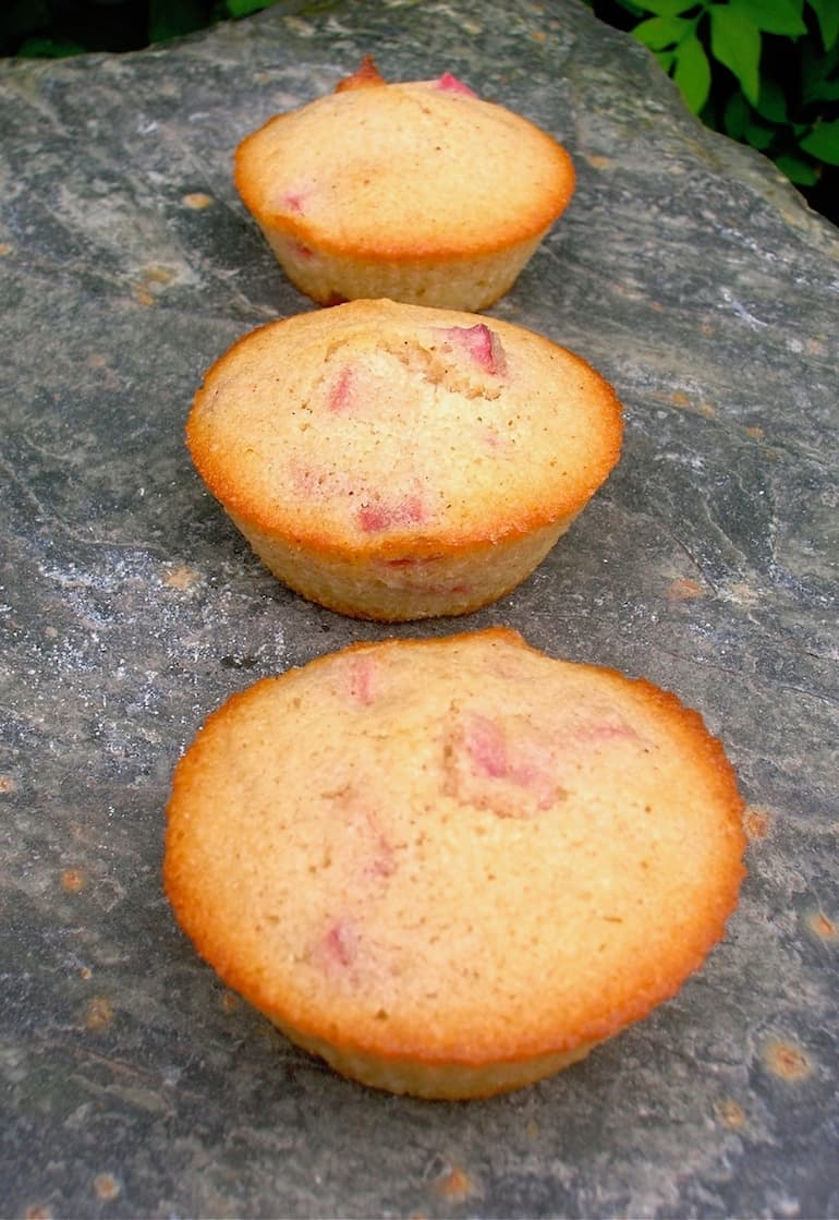 Three white chocolate rhubarb friands (little cakes) in a row sitting on a slate.