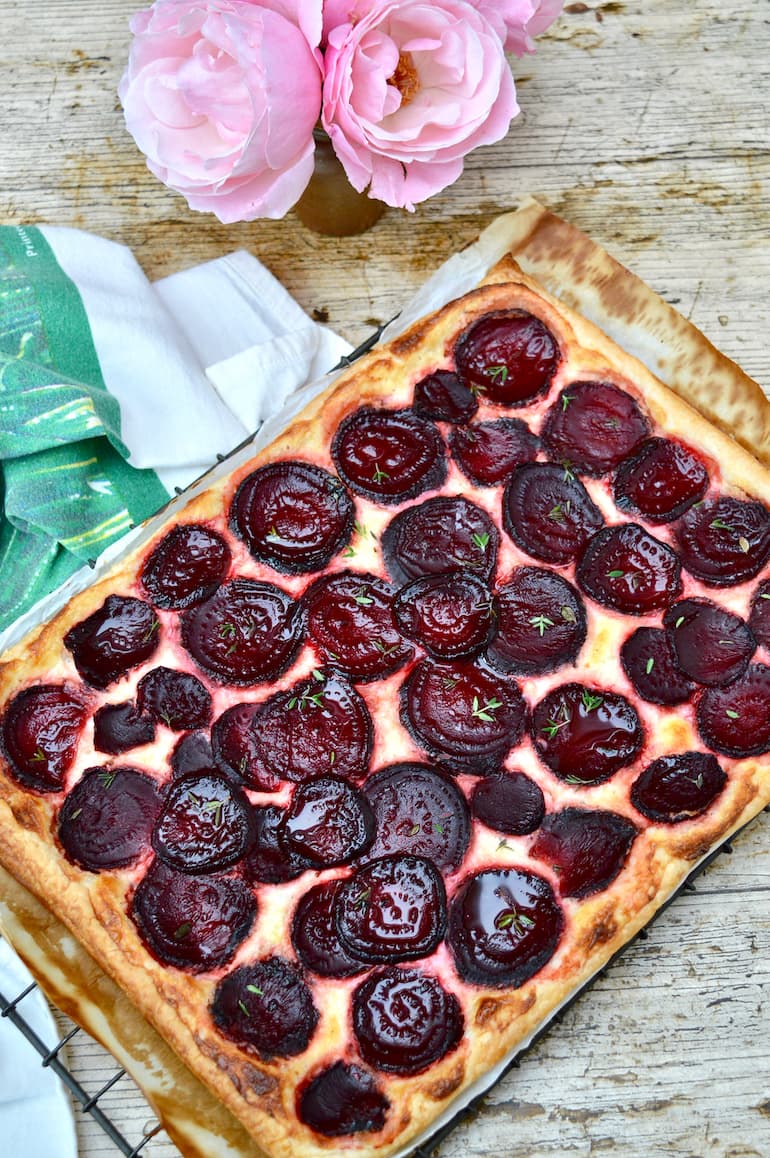 Puff pastry roasted beetroot galette just out of the oven.