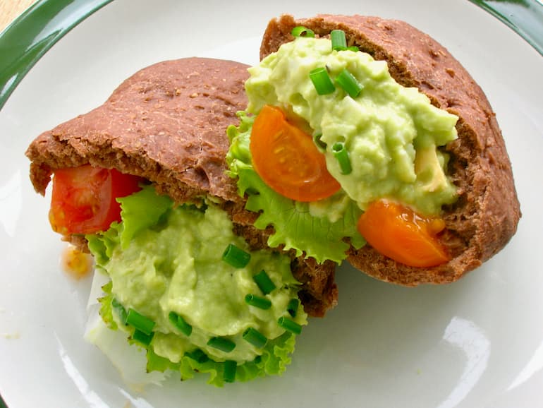 Spelt Cocoa Pitta Breads with a delicious avocado egg sandwich filling.