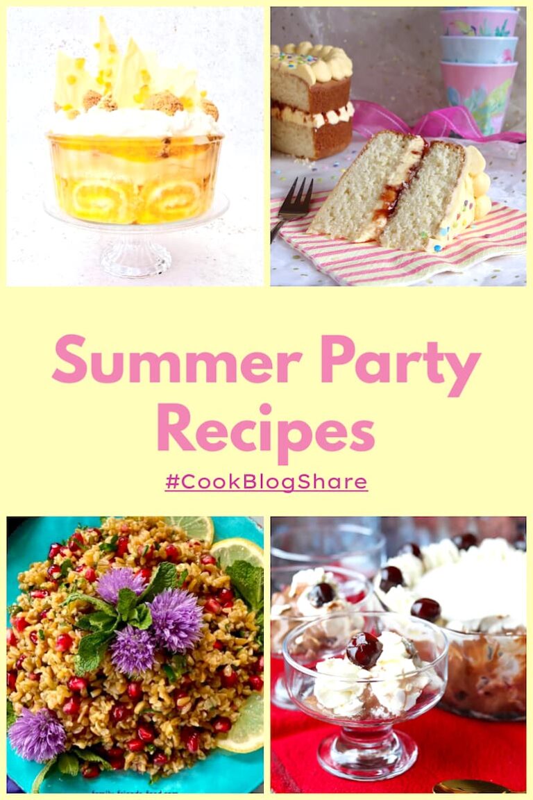 A collage of summer party recipes with title and #CookBlogShare.