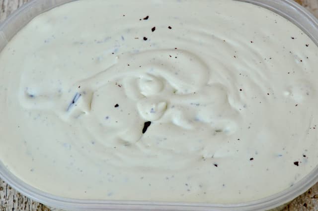 A tub of yet to be frozen homemade mint chocolate chip ice cream.