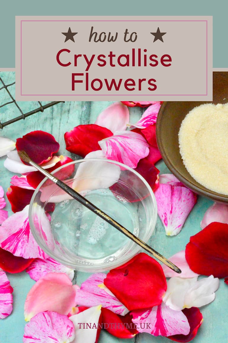 Rose petals, bowls and a paintbrush. Text box reads "how to crystallise flowers".