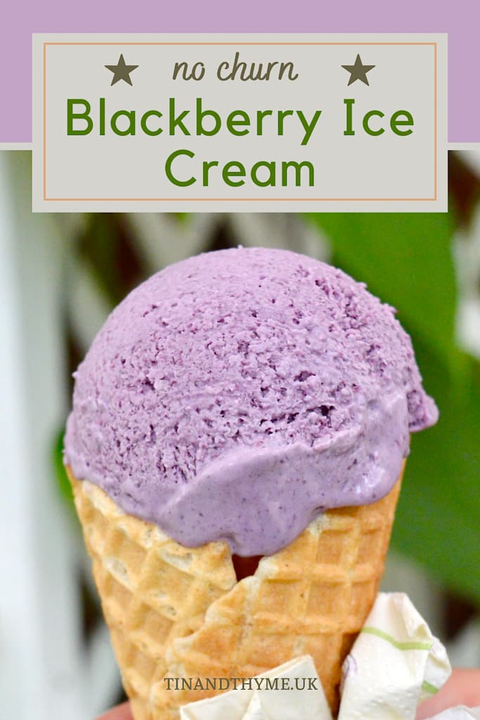 A scoop of blackberry ice cream in a waffle cone.