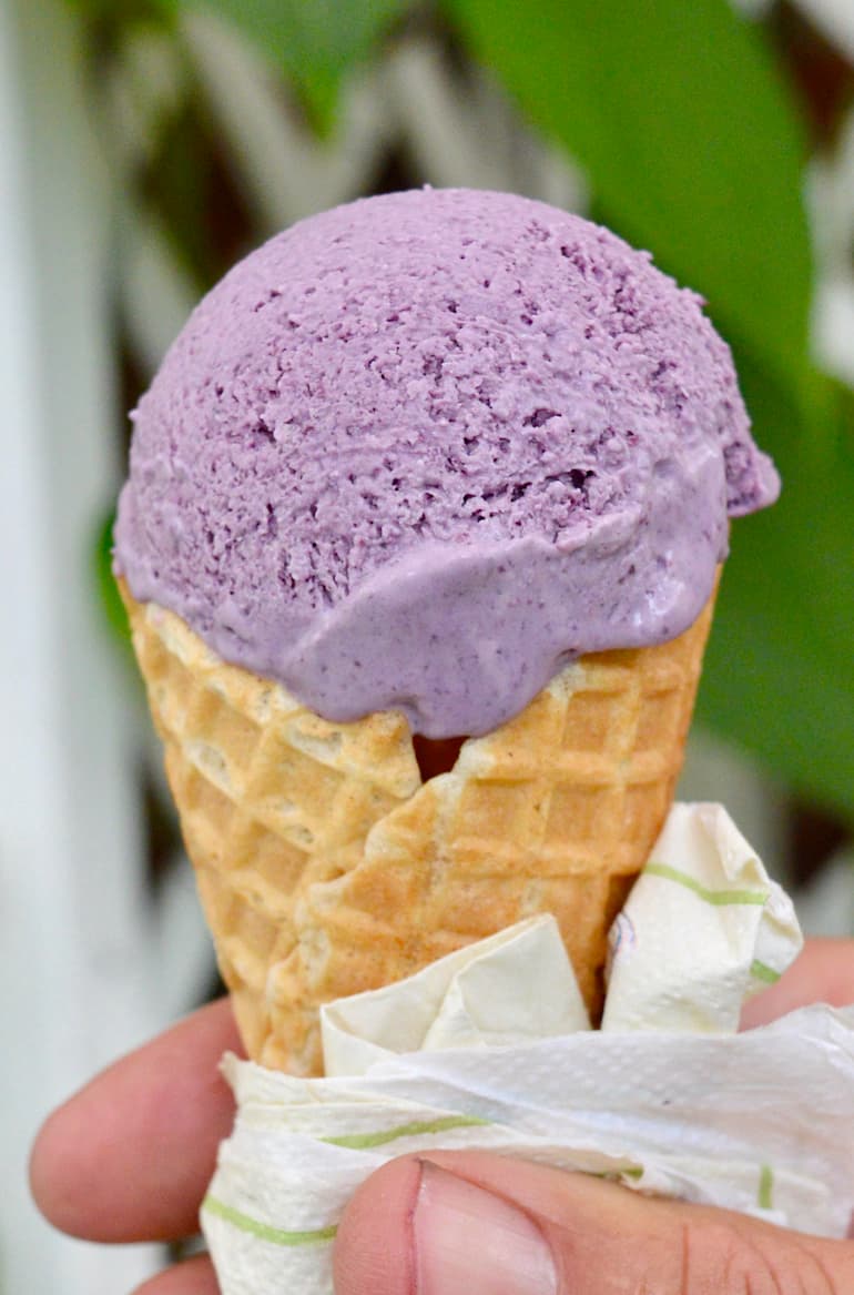 A scoop of blackberry ice cream in a waffle cone.
