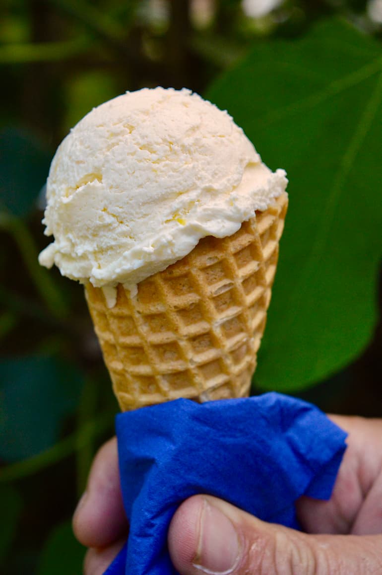 A scoop of easy peasy lemon squeezy ice cream in a cone.
