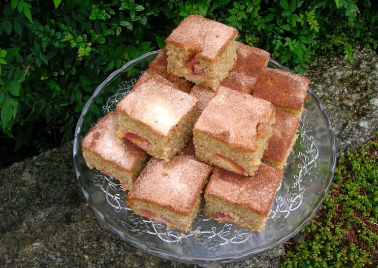 A stack of Victoria plum cake squares.
