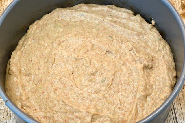 Raw batter in baking tin - ready to go into oven.