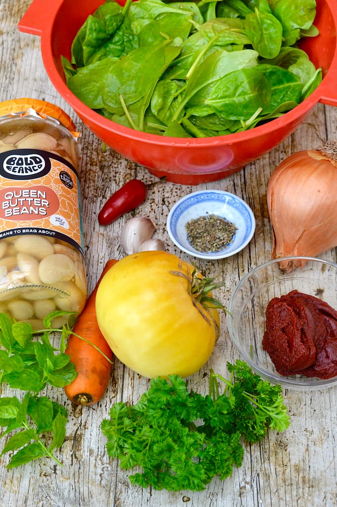 Greek Butter Beans in Tomato Sauce with Greens Tin and Thyme