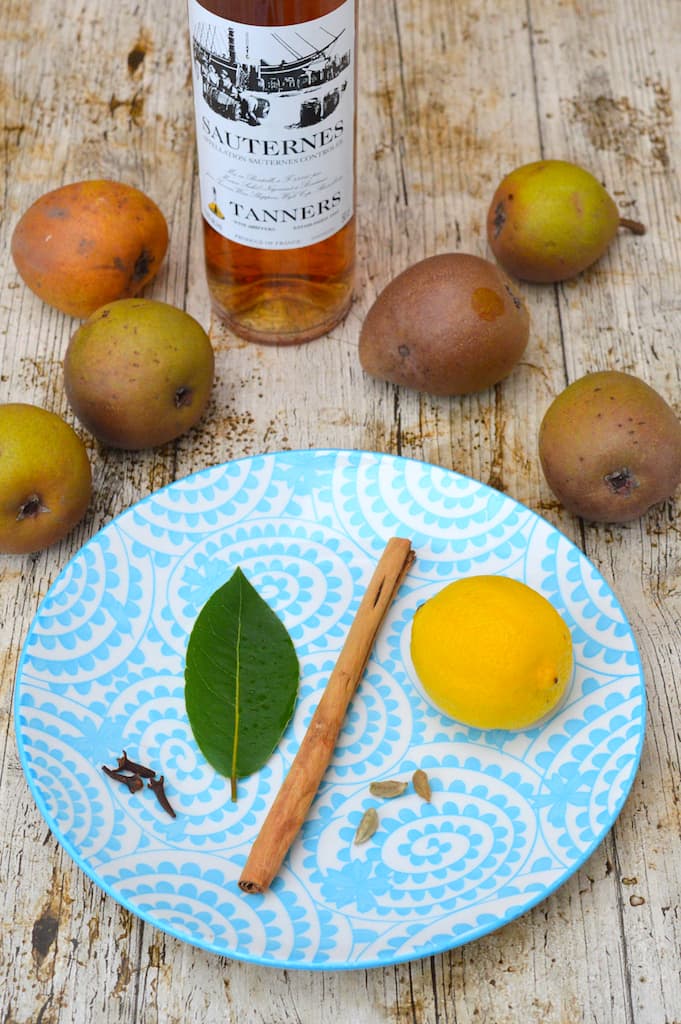 Ingredients for poached pears.