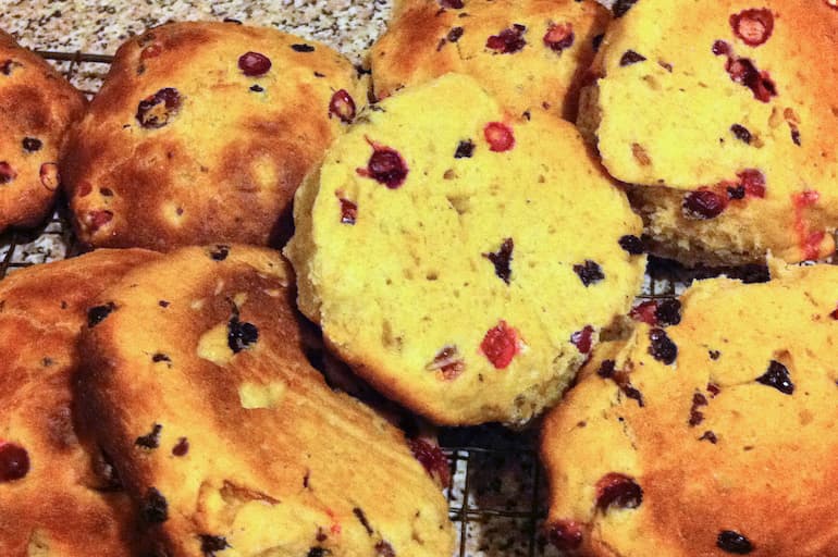 A pile of top tea cakes made with fresh cranberries.