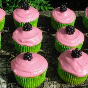 Twelve blackberry and apple cupcakes sitting on a wall.